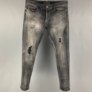 JOHN ELLIOTT Size 34 Grey Distressed Cotton Button Fly Jeans